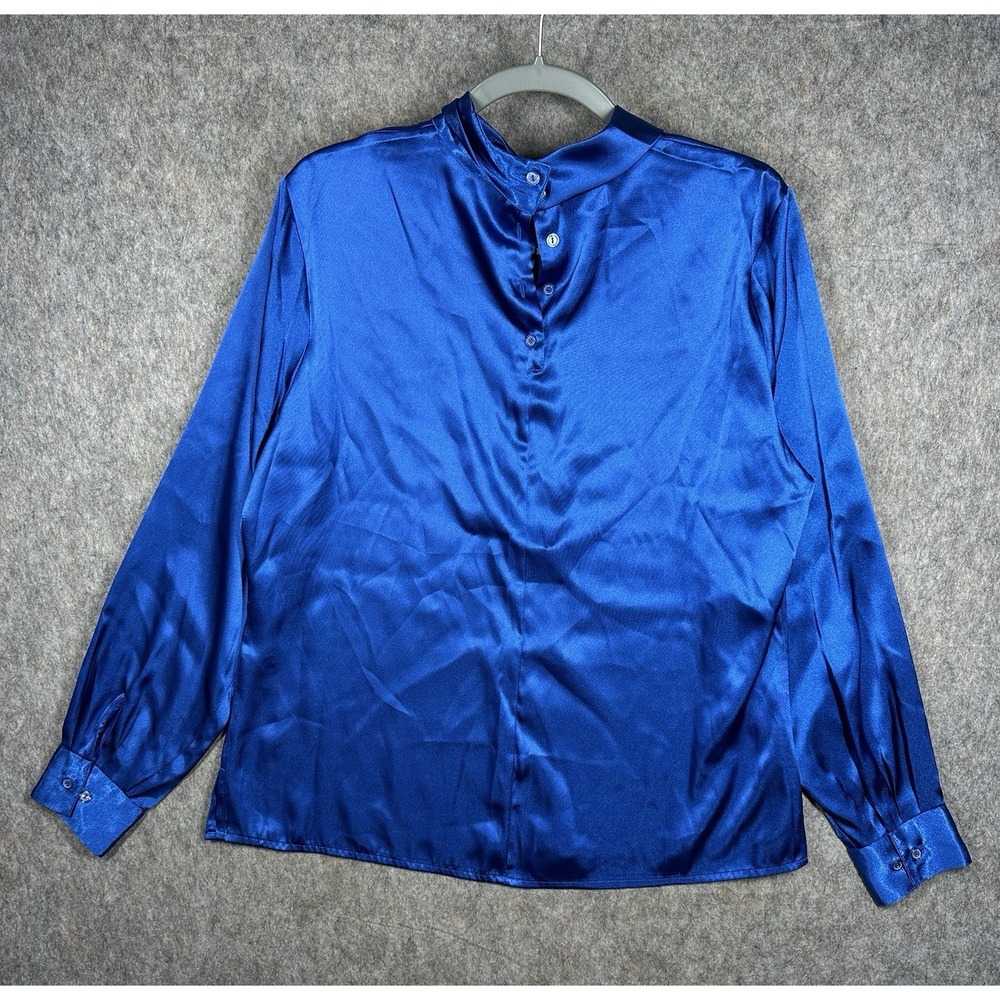 Vintage Liz Baker Blue Satin Blouse Womens 12 Button Mock Neck Shiny Top‎